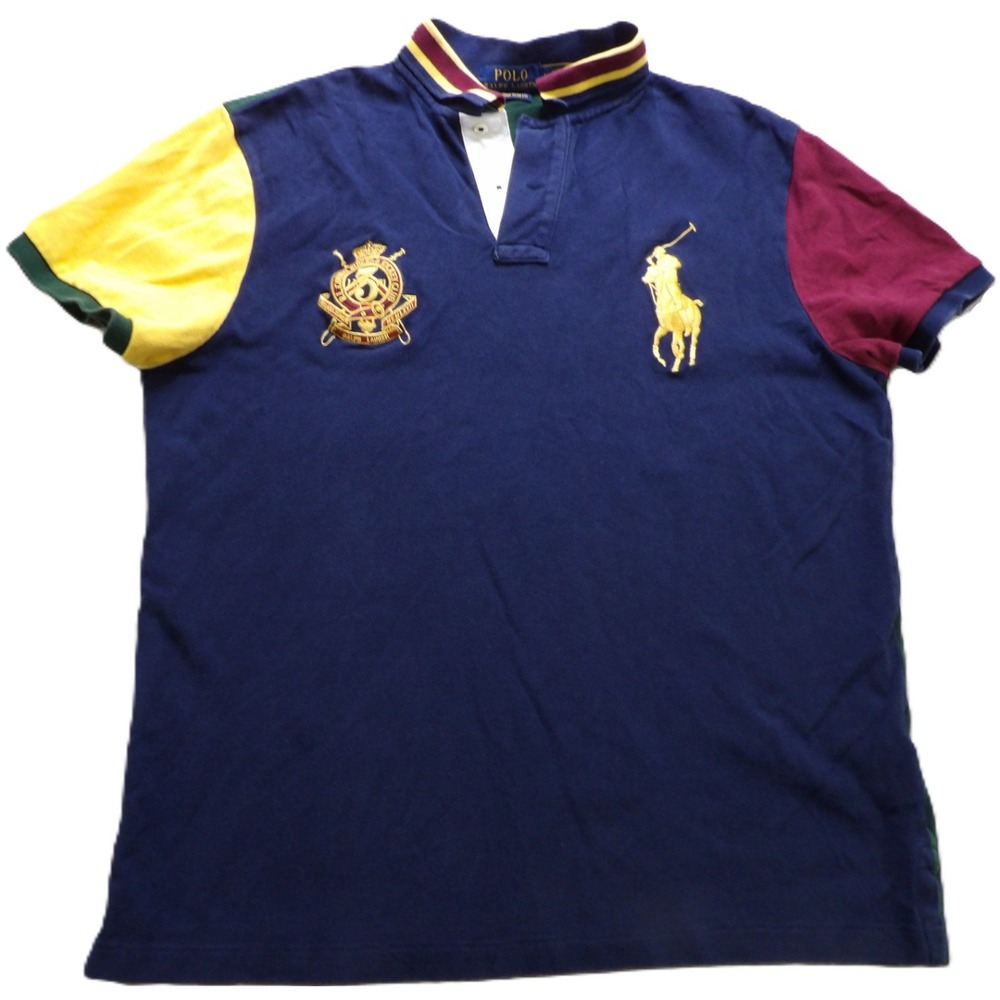 Polo Ralph Lauren Men Shirt L Blue Colorblock Big Pony Custom Slim Fit Cotton SS